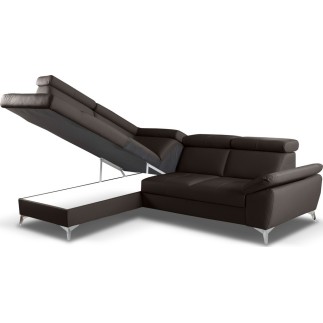 Canapé d'angle convertible en cuir italien de luxe 5 places MILOS, avec coffre, chocolat, angle gauche (vu de face)