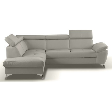Canapé d'angle convertible en cuir italien de luxe 5 places MILOS, avec coffre, gris clair, angle gauche (vu de face)