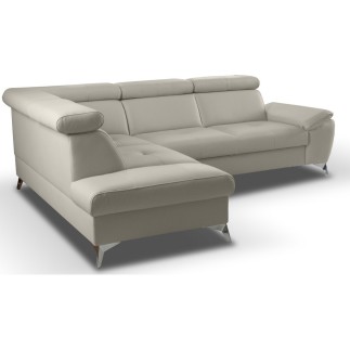Canapé d'angle convertible en cuir italien de luxe 5 places MILOS, avec coffre, gris clair, angle gauche (vu de face)