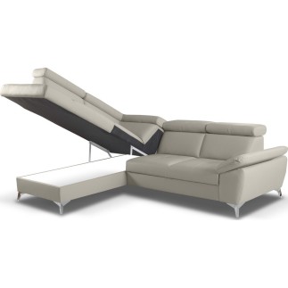 Canapé d'angle convertible en cuir italien de luxe 5 places MILOS, avec coffre, gris clair, angle gauche (vu de face)