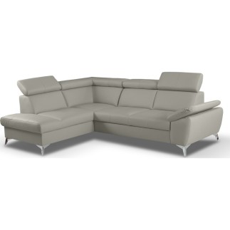 Canapé d'angle convertible en cuir italien de luxe 5 places MILOS, avec coffre, gris clair, angle gauche (vu de face)
