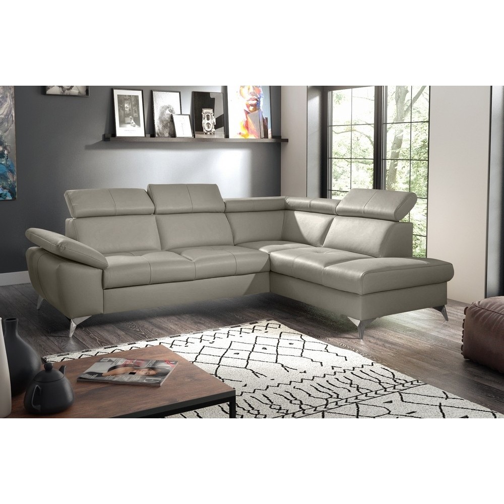 Canapé d'angle convertible en cuir italien de luxe 5 places MILOS, avec coffre, gris clair, angle droit Canapé d'angle convertible en cuir italien de luxe 5 places MILOS, avec coffre, gris clair, angle droit