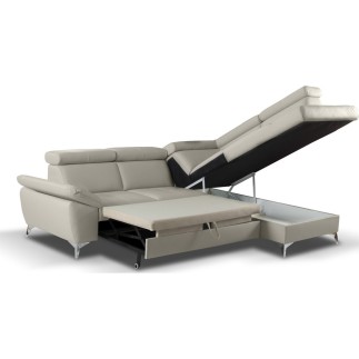 Canapé d'angle convertible en cuir italien de luxe 5 places MILOS, avec coffre, gris clair, angle droit