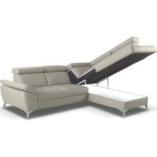 Canapé d'angle convertible en cuir italien de luxe 5 places MILOS, avec coffre, gris clair, angle droit