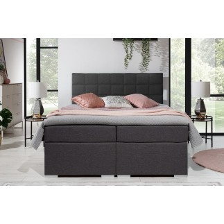 Ensemble boxspring complet tête de lit + sommiers + matelas + surmatelas ALVEN - tissu luxe gris foncé - 180x200 cm