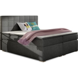 Ensemble boxspring complet tête de lit + sommiers + matelas + surmatelas ALVEN - tissu luxe gris foncé - 160x200 cm