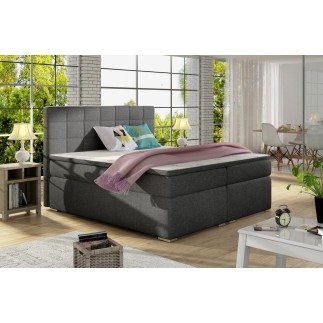 Ensemble boxspring complet tête de lit + sommiers + matelas + surmatelas ALVEN - tissu luxe gris foncé - 160x200 cm