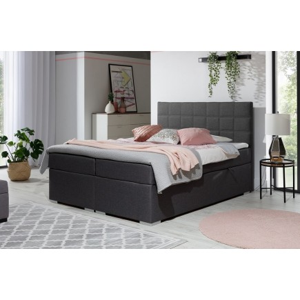 Ensemble boxspring complet tête de lit + sommiers + matelas + surmatelas ALVEN - tissu luxe gris foncé - 140x200 cm