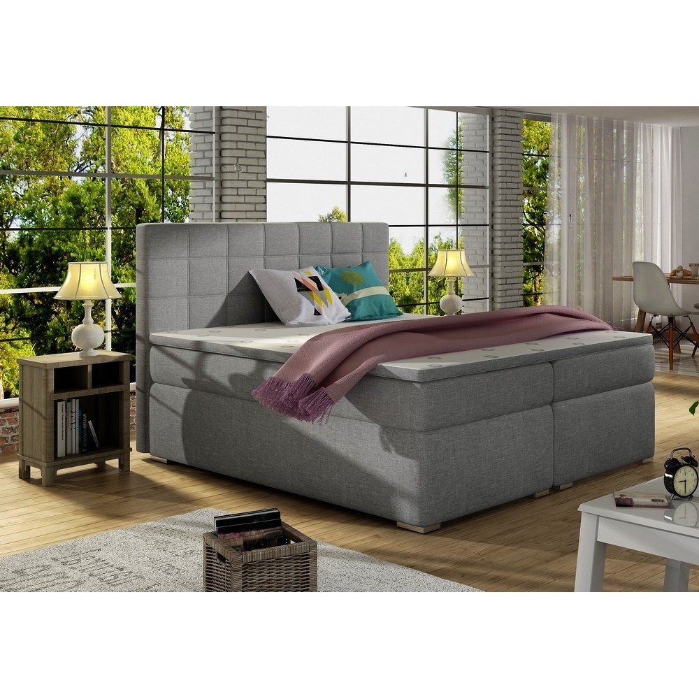 Ensemble boxspring complet tête de lit + sommiers + matelas + surmatelas ALVEN - tissu luxe gris - 160x200 cm Ensemble boxspring complet tête de lit + sommiers + matelas + surmatelas ALVEN - tissu luxe gris - 160x200 cm