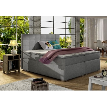 Ensemble boxspring complet tête de lit + sommiers + matelas + surmatelas ALVEN - tissu luxe gris - 160x200 cm