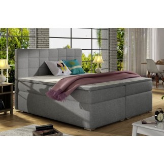 Ensemble boxspring complet tête de lit + sommiers + matelas + surmatelas ALVEN - tissu luxe gris - 140x200 cm