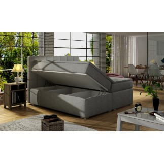 Ensemble boxspring complet tête de lit + sommiers + matelas + surmatelas ALVEN - tissu luxe gris - 140x200 cm