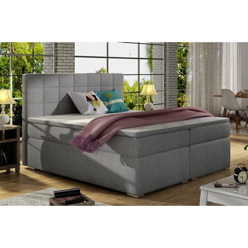 Ensemble boxspring complet tête de lit + sommiers + matelas + surmatelas ALVEN - tissu luxe gris 180x200 cm Ensemble boxspring complet tête de lit + sommiers + matelas + surmatelas ALVEN - tissu luxe gris 180x200 cm