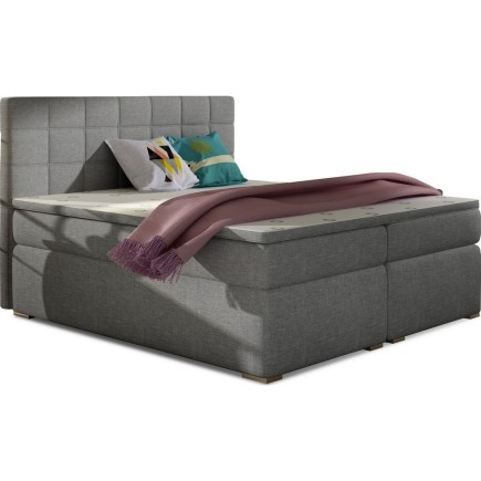 Ensemble boxspring complet tête de lit + sommiers + matelas + surmatelas ALVEN - tissu luxe gris 180x200 cm