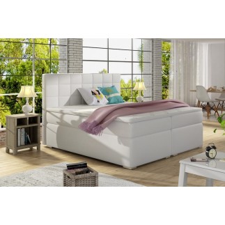 Ensemble boxspring complet tête de lit + sommiers + matelas + surmatelas ALVEN - simili cuir blanc cassé - 140x200 cm