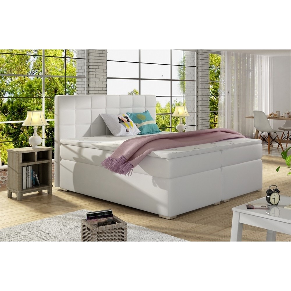 Ensemble boxspring complet tête de lit + sommiers + matelas + surmatelas ALVEN - simili cuir blanc cassé - 140x200 cm Ensemble boxspring complet tête de lit + sommiers + matelas + surmatelas ALVEN - simili cuir blanc cassé - 140x200 cm