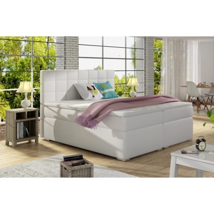 Ensemble boxspring complet tête de lit + sommiers + matelas + surmatelas ALVEN - simili cuir blanc cassé - 160x200 cm