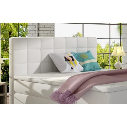 Ensemble boxspring complet tête de lit + sommiers + matelas + surmatelas ALVEN - simili cuir blanc cassé - 160x200 cm