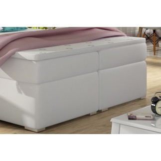 Ensemble boxspring complet tête de lit + sommiers + matelas + surmatelas ALVEN - simili cuir blanc cassé - 180x200 cm