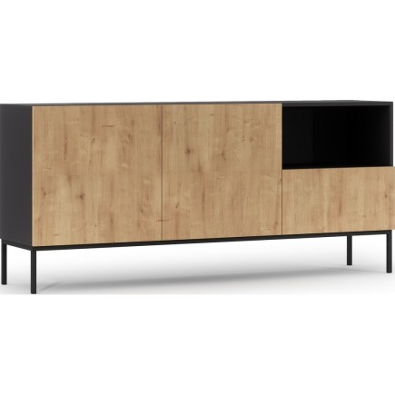 Très jolie commode de dimensions 180x40x80 cm, noir mat et chêne - Lancaster