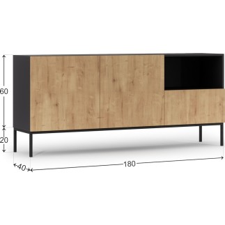 Très jolie commode de dimensions 180x40x80 cm, noir mat et chêne - Lancaster