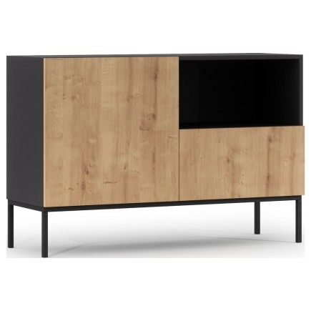 Très jolie commode de dimensions 120x40x80 cm, noir mat et chêne - Lancaster