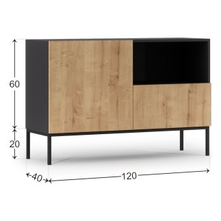 Très jolie commode de dimensions 120x40x80 cm, noir mat et chêne - Lancaster