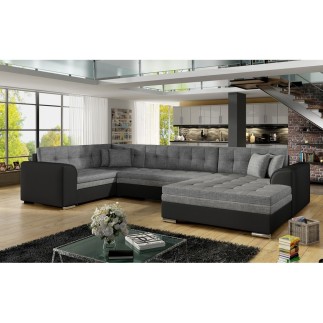 Canapé panoramique convertible - DAMIEN - en tissu gris de qualité et caisse simili noir, 7 places, gris, méridienne à droite et