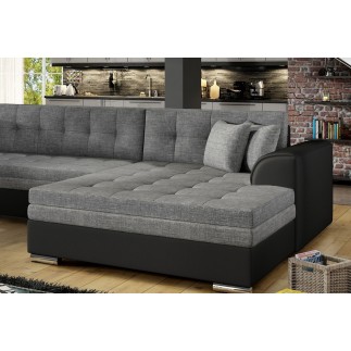 Canapé panoramique convertible - DAMIEN - en tissu gris de qualité et caisse simili noir, 7 places, gris, méridienne à droite et