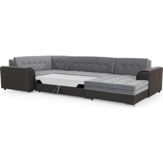 Canapé panoramique convertible - DAMIEN - en tissu gris de qualité et caisse simili noir, 7 places, gris, méridienne à droite et