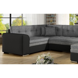 Canapé panoramique convertible - DAMIEN - en tissu gris de qualité et caisse simili noir, 7 places, gris, méridienne à droite et