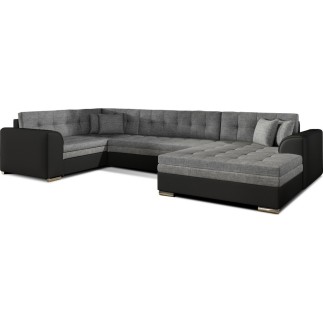 Canapé panoramique convertible - DAMIEN - en tissu gris de qualité et caisse simili noir, 7 places, gris, méridienne à droite et