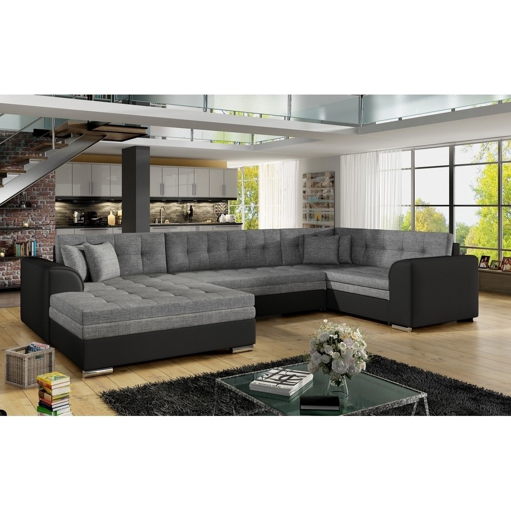Canapé panoramique convertible - DAMIEN - en tissu gris de qualité et caisse simili noir, 7 places, gris, méridienne à gauche et Canapé panoramique convertible - DAMIEN - en tissu gris de qualité et caisse simili noir, 7 places, gris, méridienne à gauche et