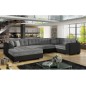Canapé panoramique convertible - DAMIEN - en tissu gris de qualité et caisse simili noir, 7 places, gris, méridienne à gauche et Canapé panoramique convertible - DAMIEN - en tissu gris de qualité et caisse simili noir, 7 places, gris, méridienne à gauche et