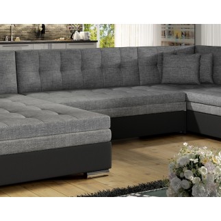 Canapé panoramique convertible - DAMIEN - en tissu gris de qualité et caisse simili noir, 7 places, gris, méridienne à gauche et