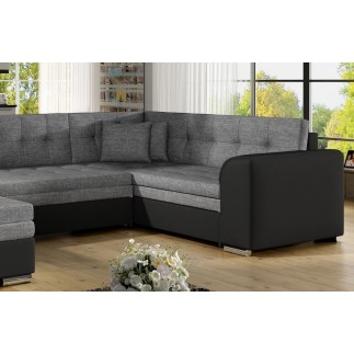 Canapé panoramique convertible - DAMIEN - en tissu gris de qualité et caisse simili noir, 7 places, gris, méridienne à gauche et