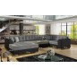 Canapé panoramique convertible - DAMIEN - en tissu gris de qualité et caisse simili noir, 7 places, gris, méridienne à gauche et Canapé panoramique convertible - DAMIEN - en tissu gris de qualité et caisse simili noir, 7 places, gris, méridienne à gauche et