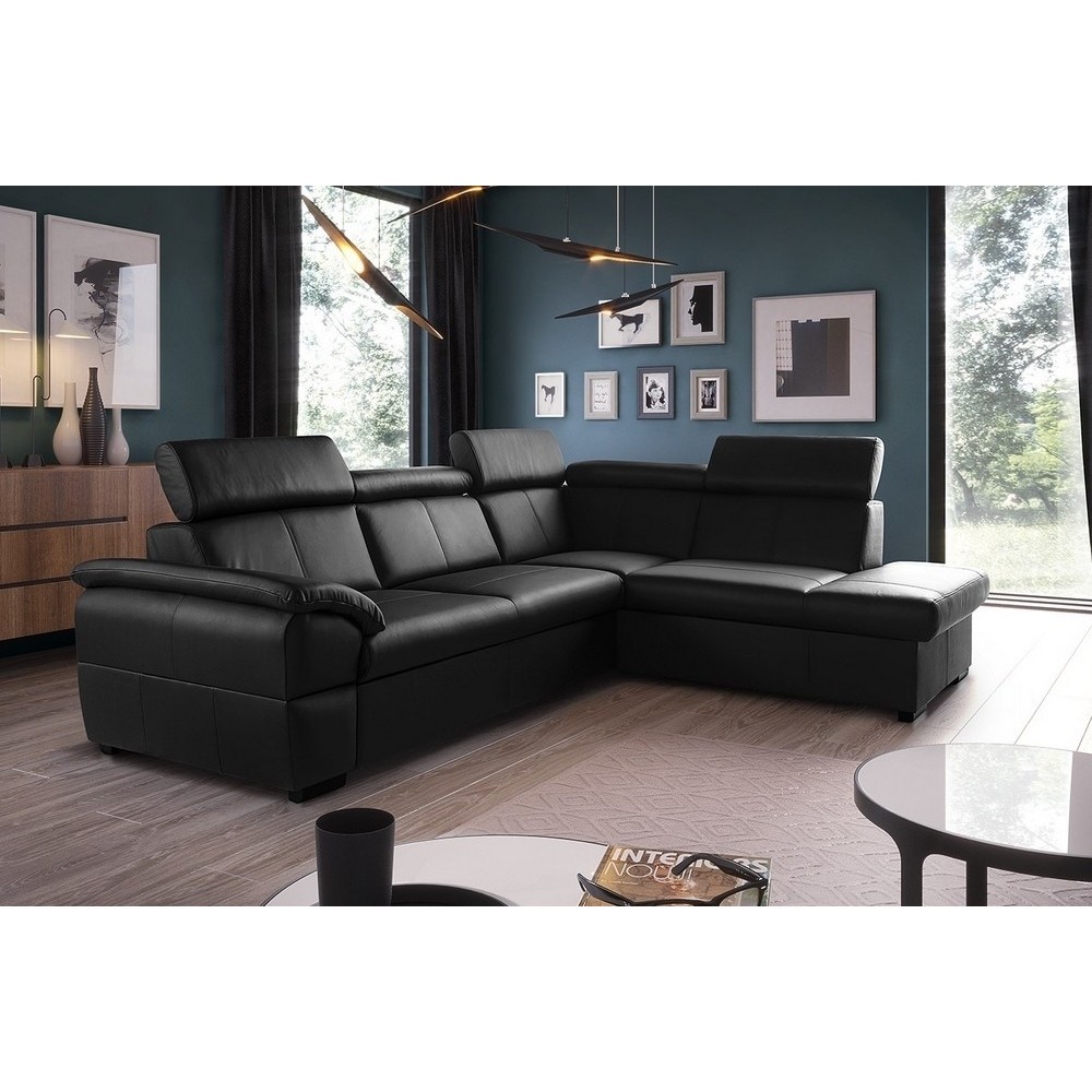 Canapé d'angle convertible en cuir italien de luxe 5/6 places TONY, avec coffre, noir, angle droit