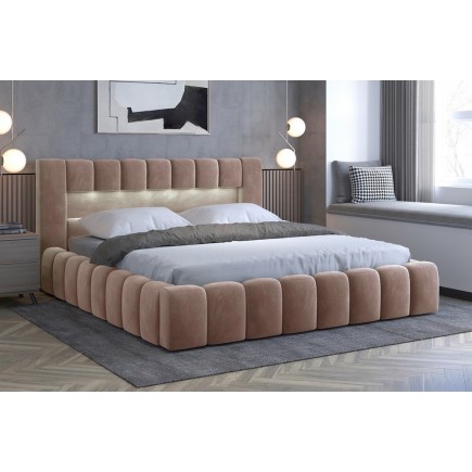 Lit 140x200 rembourré en velours luxe avec coffre et éclairage LED, marron, LANA