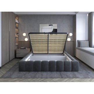 Lit 160x200 rembourré en velours luxe avec coffre et éclairage LED, marron, LANA
