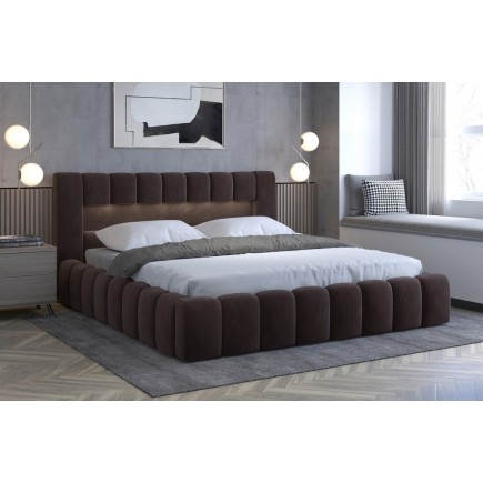 Lit 140x200 rembourré en velours luxe avec coffre et éclairage LED, chocolat, LANA