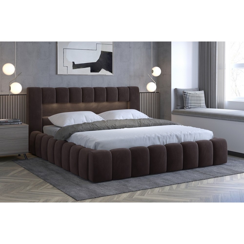Lit 160x200 rembourré en velours luxe avec coffre et éclairage LED, chocolat, LANA Lit 160x200 rembourré en velours luxe avec coffre et éclairage LED, chocolat, LANA