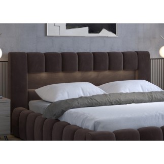 Lit 160x200 rembourré en velours luxe avec coffre et éclairage LED, chocolat, LANA
