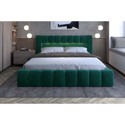 Lit 140x200 rembourré en velours luxe avec coffre et éclairage LED, vert, LANA