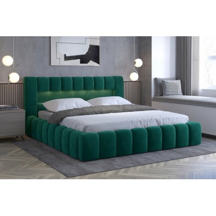 Lit 140x200 rembourré en velours luxe avec coffre et éclairage LED, vert, LANA
