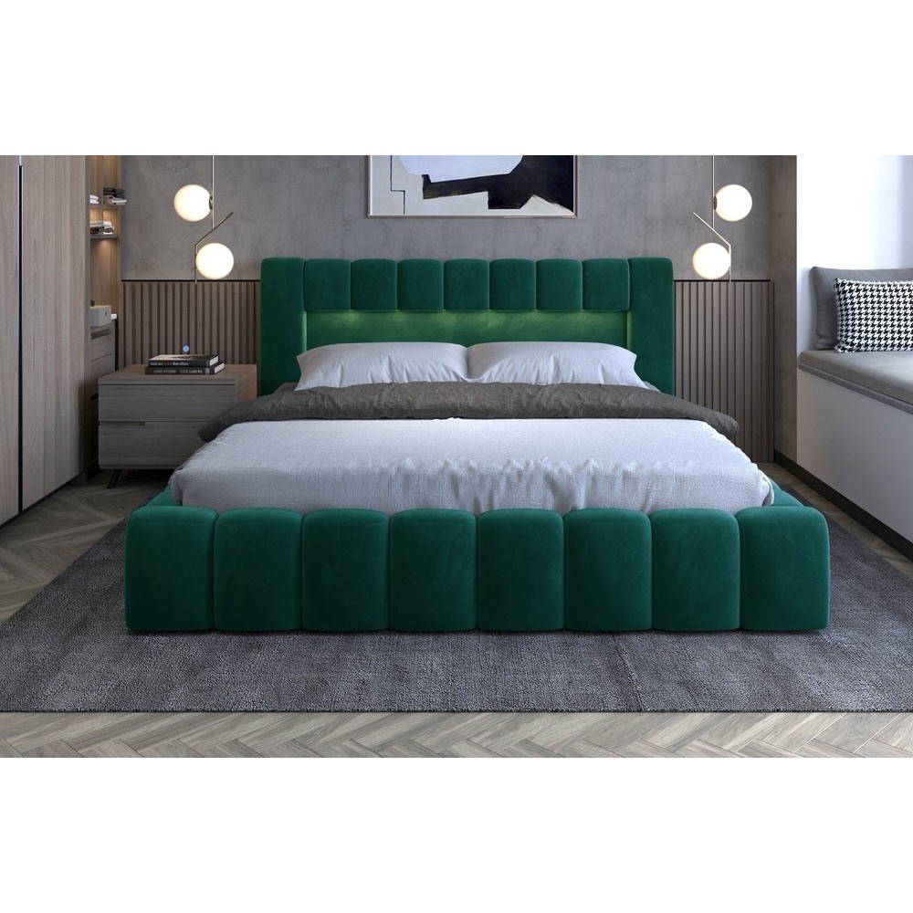 Lit 180x200 rembourré en velours luxe avec coffre et éclairage LED, vert, LANA Lit 180x200 rembourré en velours luxe avec coffre et éclairage LED, vert, LANA