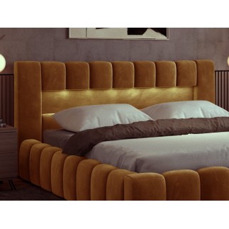 Lit 140x200 rembourré en velours luxe avec coffre et éclairage LED, couleur bronze, LANA
