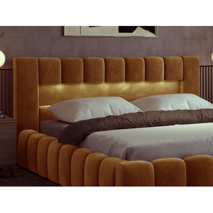 Lit 140x200 rembourré en velours luxe avec coffre et éclairage LED, couleur bronze, LANA