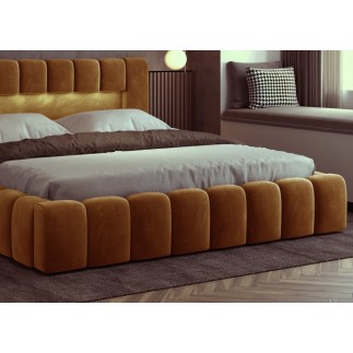 Lit 140x200 rembourré en velours luxe avec coffre et éclairage LED, couleur bronze, LANA