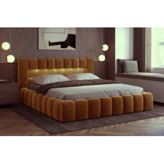 Lit 160x200 rembourré en velours luxe avec coffre et éclairage LED, couleur bronze, LANA